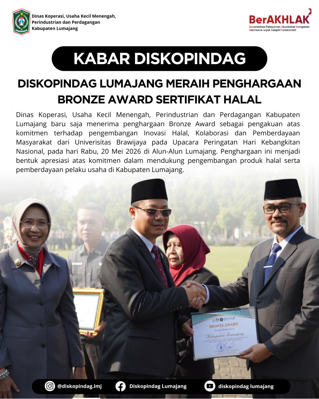DISKOPINDAG LUMAJANG RAIH BRONZE AWARD PENGEMBANGAN INOVASI HALAL DAN PEMBERDAYAAN MASYARAKAT