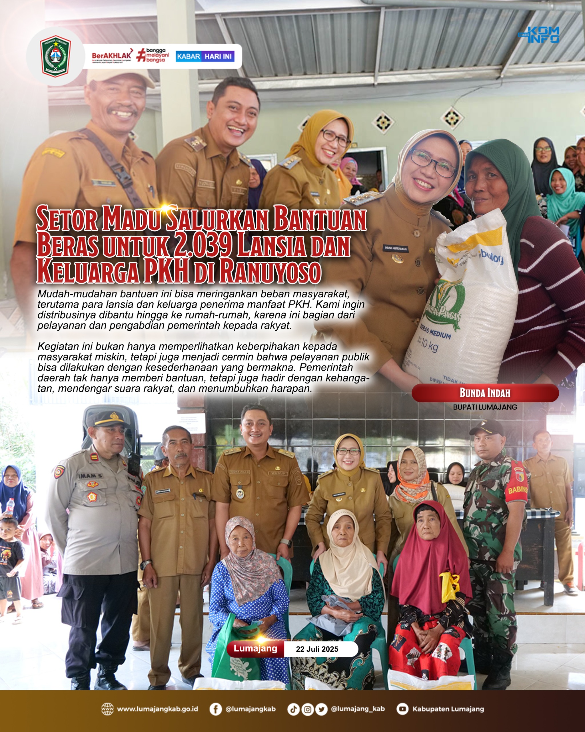 SETOR MADU SALURKAN BANTUAN BERAS UNTUK 2.039 LANSIA DAN KELUARGA PKH DI RANUYOSO