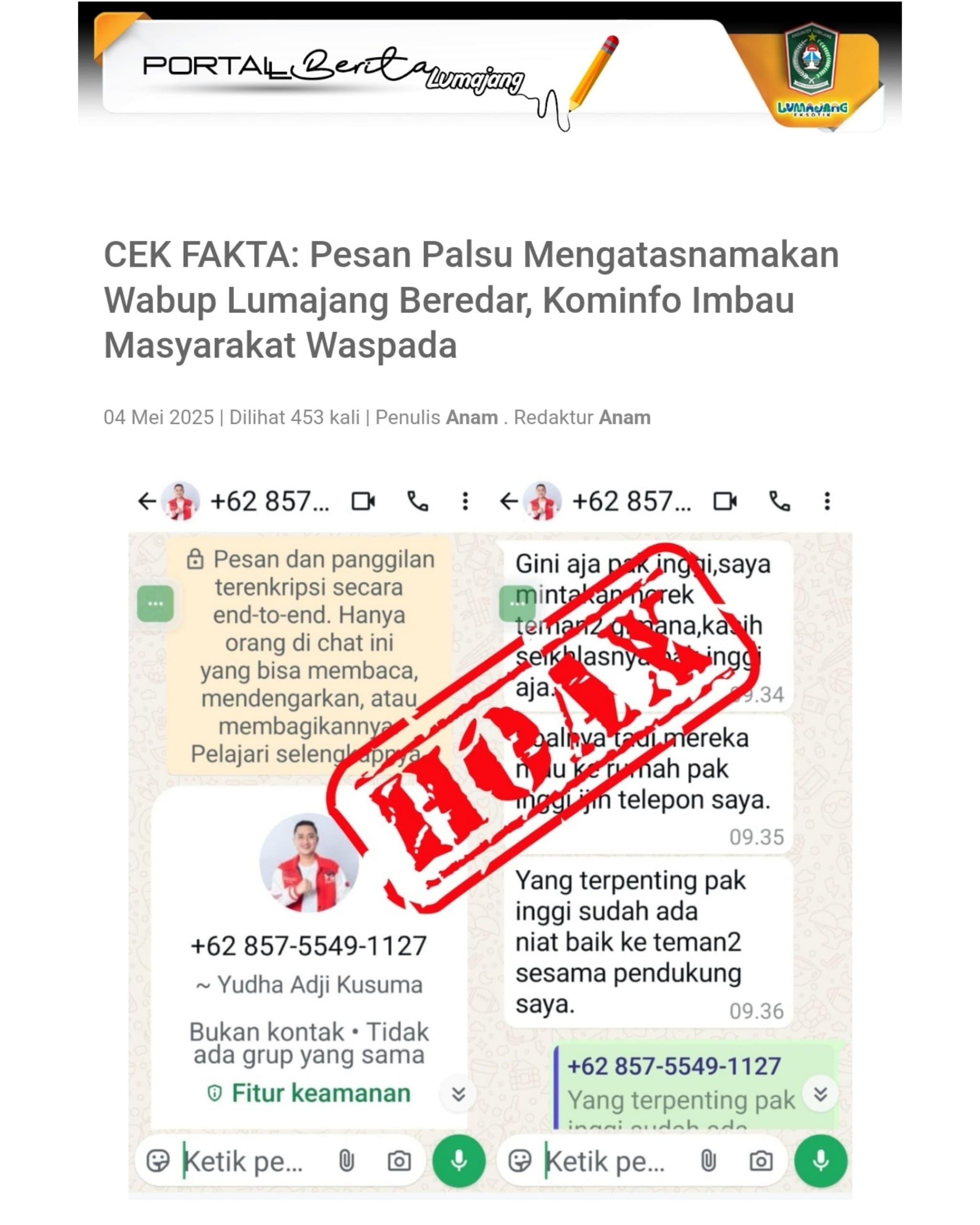 WASPADA PESAN PALSU MENGATASNAMAKAN WABUB LUMAJANG 