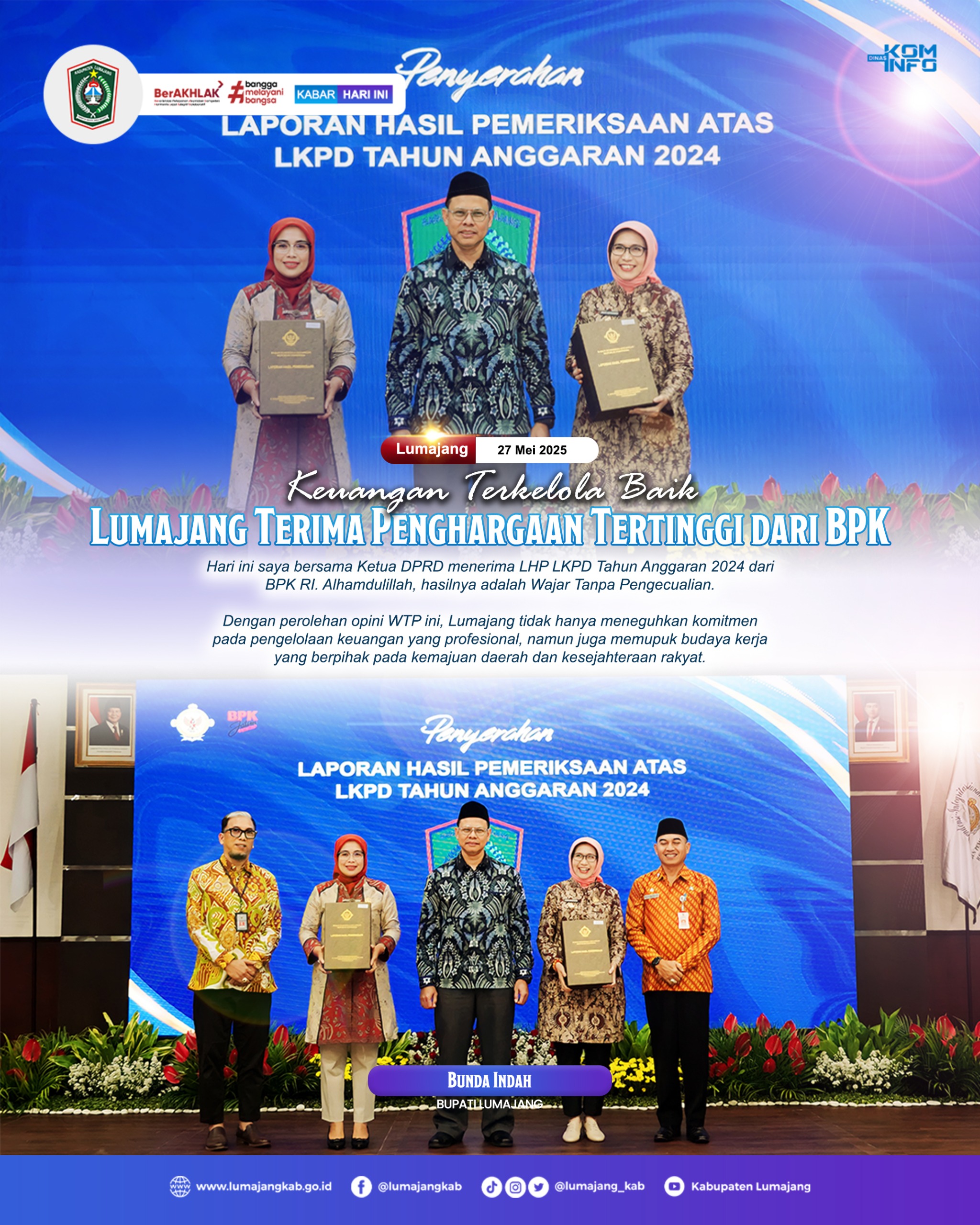 KEUANGAN TERKELOLA BAIK LUMAJANG TERIMA PENGHARGAAN TERTINGGI DARI BPK